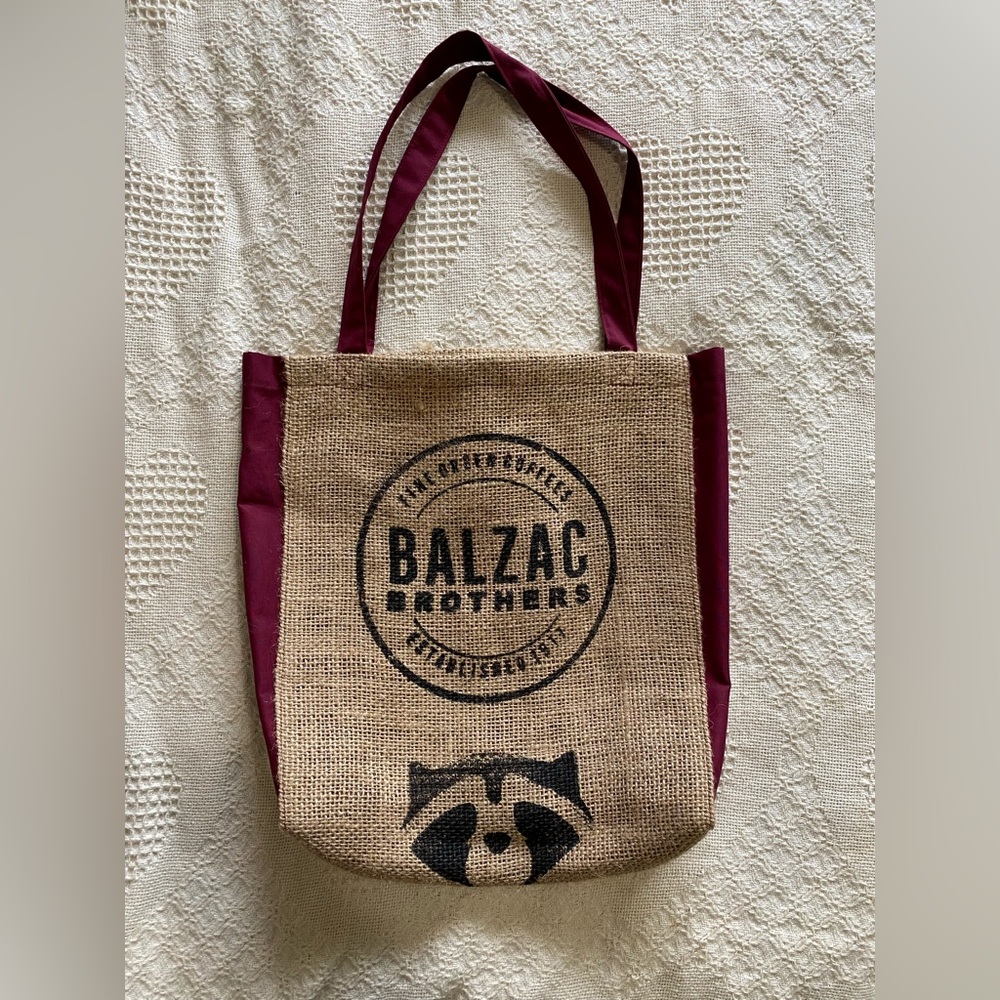 Tote bag with authentic coffee jute overlay Hand-crafted one-of-a-kind. Burgundy